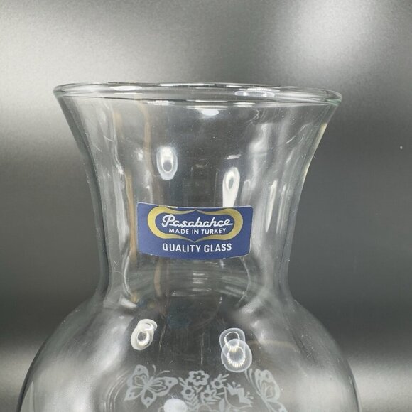 Pasabahce Glass Vase Vessel Tall Clear With White Floral Butterfly Pattern VTG - Picture 2 of 10